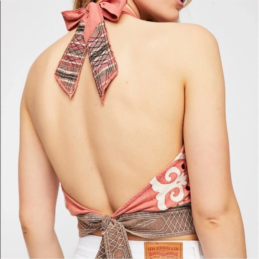 Unique🌵 Free People Adorn Me Embroidered Halter Top Medium Ivory/Brown/Peach - Picture 4 of 16